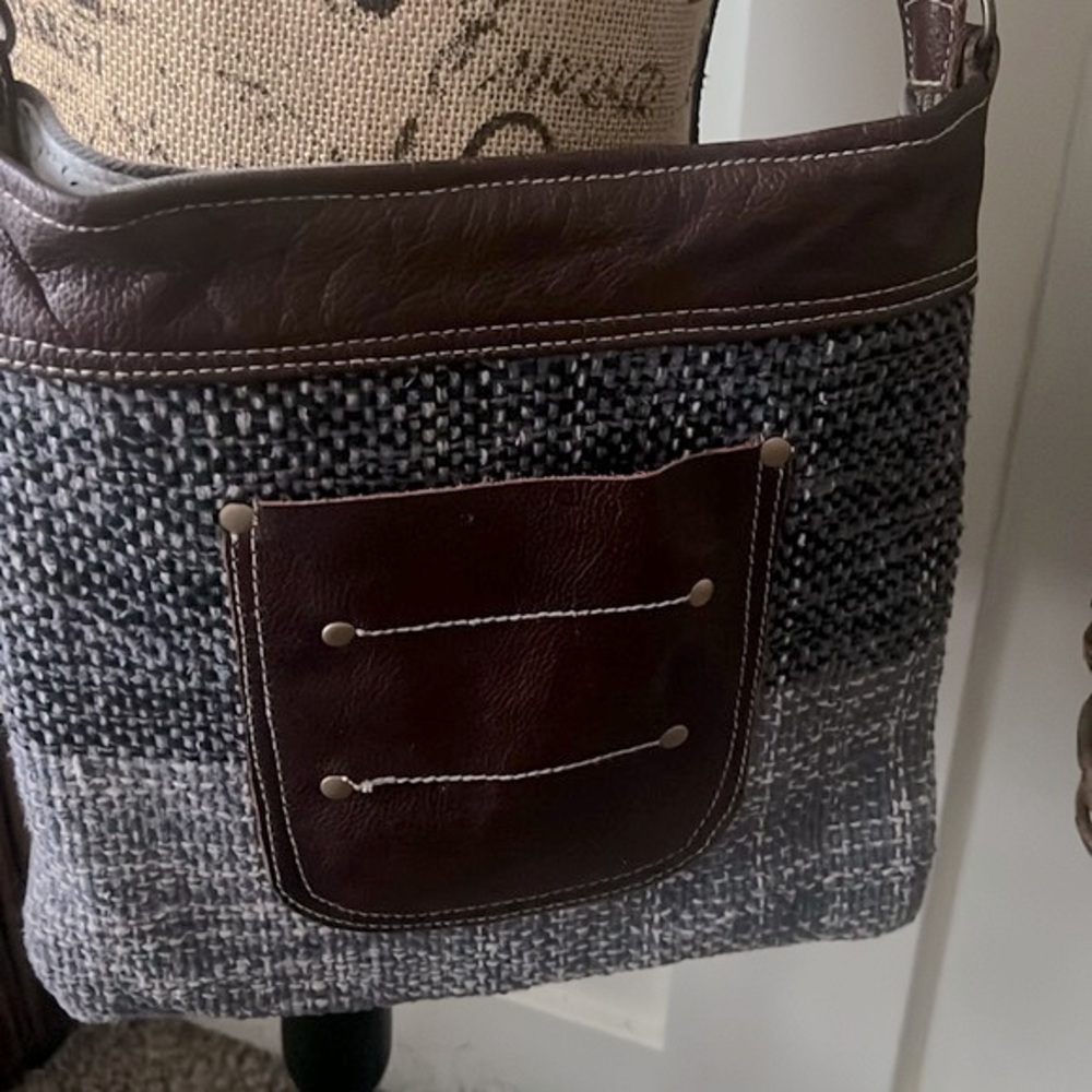 Myra Bag Handmade Blue Gray Brown Up cycled Tapestry & Canvas Leather Crossbody